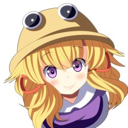 Rule 34 | 1girl, bad id, bad pixiv id, blonde hair, from above, hair ribbon, hat, looking at viewer, moriya suwako, oimo (imoyoukan), oimonocake, purple eyes, ribbon, smile, solo, touhou