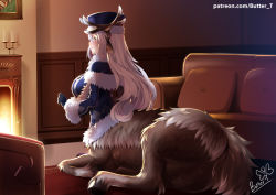 Rule 34 | 1girl, animal ears, antlers, artist name, ass, black gloves, blue eyes, blush, breasts, butter-t, candle, centauroid, coat, commentary, couch, english commentary, fire, fireplace, fur trim, gloves, hat, horns, large breasts, long hair, looking at viewer, looking back, lying, monster girl, monster girl encyclopedia, picture frame, pillow, reindeer, smile, solo, tail, taur, white hair, white horn (monster girl encyclopedia), winter clothes, winter coat