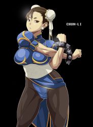 Rule 34 | 1girl, absurdres, black pantyhose, blue dress, bracelet, breasts, brown eyes, brown hair, bun cover, capcom, china dress, chinese clothes, chun-li, double bun, dress, earrings, female focus, hair bun, highres, jewelry, killy rock, large breasts, pantyhose, pelvic curtain, puffy short sleeves, puffy sleeves, sash, short sleeves, simple background, solo, spiked bracelet, spikes, street fighter, stretching, thick thighs, thighs