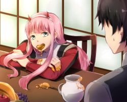 Rule 34 | 10s, 1boy, 1girl, black hair, couple, crossed arms, darling in the franxx, food, food in mouth, fruit, green eyes, hair ornament, hairband, hiro (darling in the franxx), honeypot, horns, long hair, military, military uniform, oni horns, pink hair, red horns, short hair, sitting, sweatdrop, tablehoney, uniform, white hairband, woumu, zero two (darling in the franxx)