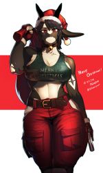 Rule 34 | 1girl, 2019, absurdres, animal ears, bell, belt, black hair, black horns, black skin, breasts, camouflage, cargo pants, chabett (pgm300), choker, christmas, cleavage, clothes writing, colored skin, commentary, commentary request, dragon girl, dragon horns, english commentary, english text, fangs, fingerless gloves, furry, furry female, gloves, green sports bra, gun, handgun, hat, highres, hip vent, holding, holding gun, holding weapon, horns, horns through headwear, jingle bell, korean commentary, large breasts, leather belt, linea alba, long pointy ears, looking at viewer, merry christmas, multicolored skin, neck bell, original, pants, pgm300, pointy ears, red background, red eyes, red gloves, red hat, red pants, santa hat, short hair, snout, solo, sports bra, standing, thick thighs, thighs, toned, trigger discipline, two-tone background, two-tone skin, weapon, white background, white skin