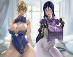 Rule 34 | 2girls, absurdres, ahoge, artoria pendragon (fate), artoria pendragon (lancer) (fate), bed, blonde hair, blue eyes, blue leotard, blush, bodysuit, braid, breasts, cleavage, cleavage cutout, clothing cutout, covered navel, curtains, curvy, fate/grand order, fate (series), fingerless gloves, gloves, heattech leotard, highleg, highleg leotard, highres, large breasts, leotard, long hair, mature female, minamoto no raikou (fate), multiple girls, parted lips, pillow, purple eyes, purple hair, ragecndy, sleeveless, smile, take your pick, turtleneck, very long hair, window