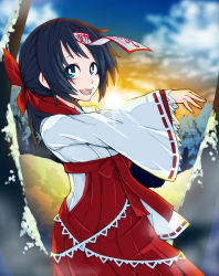 Rule 34 | 1girl, absurdres, alternate costume, blue eyes, blue hair, blurry, blurry background, bright pupils, cloud, from side, hair ribbon, hakama, hakama short skirt, hakama skirt, high-waist skirt, highres, jakomurashi, japanese clothes, long hair, looking at viewer, miko, miyako yoshika, ofuda, open mouth, outdoors, outstretched arms, pleated skirt, red ribbon, red skirt, ribbon, ribbon-trimmed sleeves, ribbon trim, robe, scenery, sharp teeth, skirt, smile, snow, solo, sun, teeth, touhou, tree, white robe, wide sleeves, winter