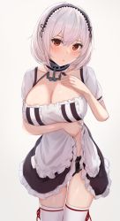 Rule 34 | 1girl, alternate costume, anchor choker, apron, azur lane, bad id, bad pixiv id, black panties, blush, breasts, choker, cleavage, clothes lift, dress, dress lift, enmaided, frilled choker, frills, gradient background, hair between eyes, large breasts, lifting own clothes, looking at viewer, maid, maid apron, maid headdress, open mouth, panties, pantyshot, ponyaru, puffy sleeves, red eyes, ribbon, ribbon-trimmed legwear, ribbon trim, short hair, short sleeves, sirius (azur lane), solo, thighhighs, underboob, underwear, white dress, white hair, white thighhighs