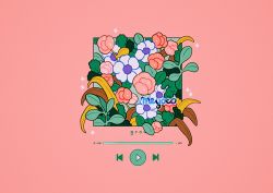 Rule 34 | artist name, english text, flower, leaf, meyoco, no humans, original, pink background, pink flower, plant, play button, progress bar, simple background, sparkle, white flower