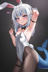 Rule 34 | 1girl, absurdres, animal ears, black bow, black bowtie, black pantyhose, blue eyes, blue hair, blunt bangs, bow, bowtie, breasts, commentary request, cowboy shot, detached collar, fins, fish tail, gawr gura, grey hair, heart, heart-shaped pupils, highres, hololive, hololive english, leotard, long hair, looking at viewer, medium hair, multicolored hair, pantyhose, playboy bunny, rabbit ears, rabbit tail, shark girl, shark tail, side ponytail, small breasts, solo, standing, strapless, strapless leotard, streaked hair, symbol-shaped pupils, tail, thigh strap, torpedo (gad3757), two side up, virtual youtuber, white hair, white leotard, white wrist cuffs, wrist cuffs