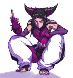 Rule 34 | 1girl, angry, baggy pants, bare shoulders, barefoot, black hair, bracelet, chinese clothes, detached sleeves, drill hair, dudou, feet, fingerless gloves, full body, gloves, halterneck, han juri, jewelry, liyart, md5 mismatch, middle finger, midriff, nail polish, pants, purple eyes, resized, resolution mismatch, short twintails, solo, source larger, spiked bracelet, spikes, squatting, street fighter, street fighter iv (series), toeless legwear, toenail polish, toenails, toes, twin drills, twintails