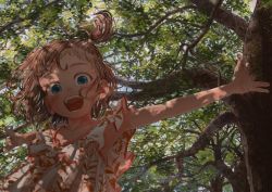 Rule 34 | 1girl, branch, brown hair, child, dappled sunlight, eikoh, female focus, frills, highres, leaves, looking at viewer, nature, one side up, open mouth, original, outdoors, outstretched arms, shadow, solo, spread arms, sunlight, teeth, tree