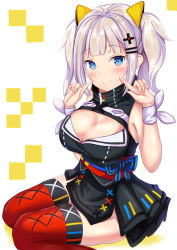 Rule 34 | 1girl, bare arms, black dress, blue eyes, blush, breasts, cleavage, cleavage cutout, closed mouth, clothing cutout, commentary request, dress, fingers to cheeks, hair ornament, highres, kaguya luna, looking at viewer, medium breasts, obi, red thighhighs, ribbon, sash, short hair, silver hair, sitting, sleeveless, sleeveless dress, smile, solo, stitching, the moon studio, thighhighs, twintails, virtual youtuber, white background, white ribbon, wrist ribbon, x hair ornament, yokozuwari, yuano