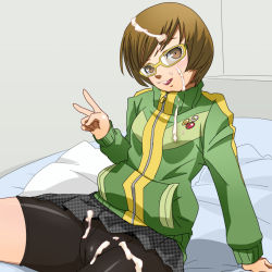 Rule 34 | 1girl, atlus, bed, bike shorts, brown eyes, brown hair, cameltoe, cum, cum on body, cum on clothes, cum on hair, cum on lower body, facial, glasses, head tilt, houndstooth, jacket, licking lips, looking at viewer, nyarimia, on bed, persona, persona 4, pillow, satonaka chie, short hair, sitting, skirt, solo, tongue, tongue out, track jacket, v
