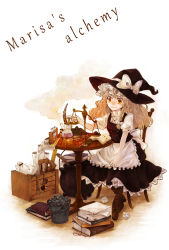 Rule 34 | 1girl, alchemy, blonde hair, book, bow, braid, chair, chemicals, coal, female focus, flask, hat, hat bow, kirisame marisa, long hair, ozawa, parer, round-bottom flask, ruler, scroll, side braid, single braid, sitting, smile, solo, table, touhou, weighing scale, white background, witch hat, yellow eyes