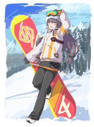 Rule 34 | 1girl, 404 logo (girls&#039; frontline), absurdres, alternate costume, chicory, girls&#039; frontline, gloves, goggles, goggles on headwear, grey hair, highres, mountain, scar, scar across eye, scar on face, shoes, snow, snowboard, solo, stuffed toy, tree, ump45 (girls&#039; frontline), ump9 (girls&#039; frontline), woollen cap, yellow eyes
