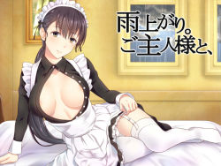 Rule 34 | 1girl, apron, areola slip, bad id, bad pixiv id, black dress, black hair, breasts, brown eyes, clothes lift, collarbone, come hither, dress, dress lift, garter straps, kanden sky, large breasts, long hair, long sleeves, looking at viewer, low ponytail, maid, maid apron, maid headdress, no bra, no shoes, open clothes, open dress, original, panties, rain, sitting, smile, solo, thighhighs, thighs, unbuttoned, underwear, very long hair, white panties, white thighhighs, window