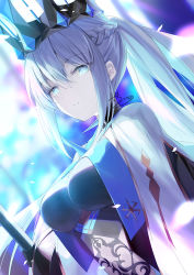 Rule 34 | 1girl, blue eyes, braid, breasts, crown, fate/grand order, fate (series), french braid, grey hair, kagachi saku, large breasts, long hair, looking at viewer, morgan le fay (fate), morgan le fay (queen of winter) (fate), ponytail, sidelocks, solo, very long hair