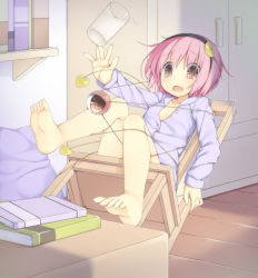 Rule 34 | 1girl, barefoot, book, bookshelf, chair, collarbone, commentary request, cup, desk, drinking glass, falling, feet, hairband, hassai, heart, highres, indoors, komeiji satori, long sleeves, naked shirt, open mouth, pink eyes, pink hair, shirt, sitting, soles, solo, tears, third eye, touhou