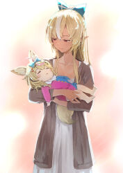 Rule 34 | aged down, alternate costume, animal ears, baby, baby carry, blonde hair, blue bow, blush stickers, bow, brown coat, carrying, coat, commentary, cowboy shot, dark-skinned female, dark skin, dress, elf, fox ears, fox girl, fox tail, hair bow, high ponytail, highres, hololive, long hair, looking at another, multicolored hair, omaru polka, pointy ears, shiranui flare, sleeping, streaked hair, tail, virtual youtuber, white dress, yami ara