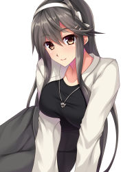 Rule 34 | 1girl, absurdres, alternate costume, black shirt, breasts, brown eyes, casual, grey hair, grey skirt, hair between eyes, hair ornament, hairband, hairclip, haruna (kancolle), highres, jacket, jewelry, kantai collection, large breasts, looking at viewer, necklace, ruin re birth, shirt, simple background, skirt, smile, solo, white background, white hairband, white jacket