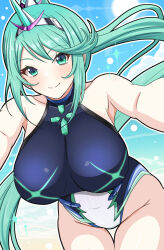 1girl armpits breasts cleavage closed_mouth commission competition_swimsuit covered_navel daiichi_(1279220) green_eyes green_hair highleg highres large_breasts looking_at_viewer ocean one-piece_swimsuit pneuma_(xenoblade) ponytail skeb_commission smile solo swimsuit xenoblade_chronicles_(series) xenoblade_chronicles_2