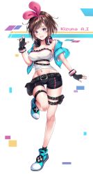Rule 34 | 1girl, :d, belt, belt buckle, black belt, black gloves, black shorts, blue eyes, breasts, brown hair, buckle, character name, cleavage, collarbone, fingerless gloves, gloves, hairband, headphones, headphones around neck, highres, kizuna ai, kizuna ai (a.i. games), kizuna ai inc., looking at viewer, medium breasts, midriff, multicolored hair, navel, nihnfinite8, official alternate costume, open mouth, pink hair, pink hairband, shoes, short hair, short shorts, shorts, smile, sneakers, solo, standing, standing on one leg, stomach, streaked hair, striped, thigh gap, thigh strap, virtual youtuber, white background