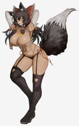 Rule 34 | 1girl, animal ear fluff, animal ears, armpits, arms behind head, ascot, black hair, black panties, black thighhighs, blush, bow, breasts, clothing cutout, commentary, contrapposto, detached sleeves, english commentary, fox ears, fox girl, full body, garter straps, grey background, hair bow, hair tubes, hakurei reimu, heart cutout, highres, large breasts, long hair, looking at viewer, ofuda, panties, red bow, sidelocks, simple background, solo, thighhighs, tomatolover16, touhou, underwear, yellow ascot