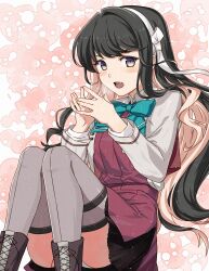 Rule 34 | 1girl, absurdres, black hair, blush, boots, bow, bowtie, cross-laced footwear, dress, grey jacket, grey thighhighs, hairband, highres, jacket, kanmiya shinobu, kantai collection, lace-up boots, long hair, long sleeves, looking at viewer, multicolored hair, naganami (kancolle), naganami kai ni (kancolle), open mouth, panties, pink hair, solo, thigh strap, thighhighs, underwear, very long hair, wavy hair, white hairband, white panties