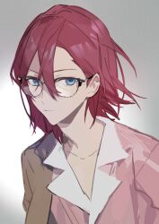 Rule 34 | 1boy, absurdres, blue eyes, brown coat, closed mouth, coat, coat partially removed, ensemble stars!, glasses, grey background, highres, looking at viewer, male focus, multicolored shirt, pink shirt, red hair, saegusa ibara, shirt, short hair, solo, white shirt, yhsg