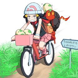 Rule 34 | 1girl, arrow (symbol), backpack, bag, beanie, bicycle, bicycle basket, black hair, black shirt, boots, brown bag, clenched teeth, commentary request, creatures (company), dawn (pokemon), egg, game freak, gameplay mechanics, gen 2 pokemon, grass, hair ornament, hat, highres, long hair, magcargo, motion lines, nintendo, outdoors, pink footwear, pink skirt, poke ball print, pokemon, pokemon (creature), pokemon dppt, pokemon egg, red scarf, riding, riding bicycle, road, road sign, scarf, shadow, shirt, sign, skirt, sleeveless, sleeveless shirt, speed lines, sweat, teeth, translation request, white headwear, yachima tana