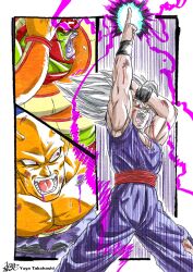 Rule 34 | 3boys, blood, cell max, colored skin, commentary, commentary request, dougi, dragon ball, dragon ball super, dragon ball super super hero, highres, makankousappou, multiple boys, muscular, muscular male, namekian, open mouth, orange skin, outside border, outstretched arm, piccolo, red eyes, son gohan, takahashi yuuya, torn clothes