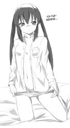 Rule 34 | 1girl, black hair, blush, hard-translated, highres, k-on!, kneeling, long hair, monochrome, nakano azusa, navel, open clothes, panties, panty pull, solo, suzumeko, third-party edit, translated, underwear, undressing