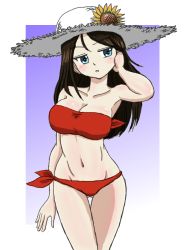 Rule 34 | 1girl, bare shoulders, bikini, black hair, blue background, blue eyes, border, breasts, cleavage, cowboy shot, flower, girls und panzer, gluteal fold, groin, hand in own hair, hat, hat flower, large breasts, light frown, long hair, looking at viewer, navel, nonna (girls und panzer), open mouth, red bikini, solo, standing, strapless, strapless bikini, straw hat, sun hat, sunflower, swept bangs, swimsuit, takahashi kurage, thigh gap, white border, white hat
