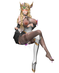 Rule 34 | 1girl, absurdres, ahegao, arm support, armored boots, armored corset, bare shoulders, black collar, black gloves, black pantyhose, black skirt, blonde hair, blush, body writing, bodystocking, boots, breasts, chain, chain necklace, chinese commentary, cleavage, clothes lift, collar, collarbone, condom, crossed legs, cum, cum in mouth, cum on body, cum on breasts, cum on clothes, cum on feet, cum on legs, cum on tongue, cum on upper body, drill hair, drill sidelocks, elbow gloves, facial mark, feet, female focus, fingerless gloves, full body, gloves, green eyes, hairband, highres, huge breasts, jewelry, lactation, legs, long hair, looking at viewer, necklace, nipples, open mouth, original, pantyhose, pointy ears, see-through, sex toy, sidelocks, simple background, single thigh boot, sitting, skirt, skirt lift, solo, squatting, tally, tears, thigh boots, thighs, tongue, tongue out, used condom, valkyrie, vibrator, white background, winged hairband, wsfw