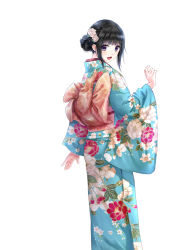 Rule 34 | 1girl, :d, black hair, blush, floral print, flower, from behind, hair bun, hair flower, hair ornament, japanese clothes, kazuharu kina, kimono, long sleeves, looking at viewer, md5 mismatch, nape, obi, open mouth, original, purple eyes, resolution mismatch, sash, simple background, single hair bun, smile, solo, source larger, white background