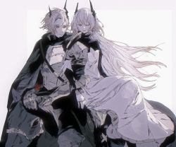 Rule 34 | 1boy, 1girl, arknights, armor, black jacket, breastplate, brother and sister, cinmocrd, commentary request, dress, floating hair, gauntlets, grey background, grey hair, hair between eyes, highres, horns, jacket, long hair, open clothes, open jacket, siblings, sitting, theresa (arknights), theresis (arknights), two-tone background, very long hair, white dress