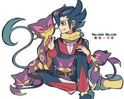 Rule 34 | :3, blue hair, closed eyes, colored skin, commentary request, creatures (company), game freak, gen 5 pokemon, green eyes, grimsley (pokemon), highres, kokashiho, liepard, nintendo, pokemon, pokemon (creature), pokemon bw, purple skin, purrloin, scarf, short hair, sitting, sleeping, spots, standing, tail, whiskers, white background, yellow scarf