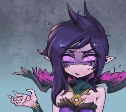 Rule 34 | 1girl, bare shoulders, black hair, breasts, colored sclera, dress, fur-trimmed dress, fur trim, green background, grey background, league of legends, looking at viewer, medium breasts, medium hair, messy hair, morgana (league of legends), parted lips, phantom ix row, pink sclera, pink wings, pointy ears, shiny skin, solo, teeth, wings