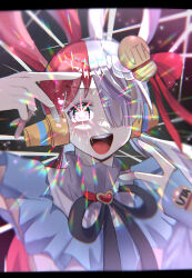 Rule 34 | 1girl, black ribbon, character name, chromatic aberration, collar, commentary request, double v, frilled collar, frills, hair over one eye, heart, highres, lens flare, letterboxed, long hair, looking at viewer, menma (pmarusama), multicolored hair, neck ribbon, one piece, open mouth, oshi no ko, partial commentary, pink eyes, red hair, ribbon, smile, solo, sparkle, star-shaped pupils, star (symbol), symbol-shaped pupils, teeth, two-tone hair, upper teeth only, uta (one piece), v, white hair