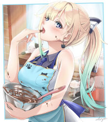 Rule 34 | 1girl, absurdres, aizawa ema, apron, bare shoulders, blonde hair, blue apron, blue eyes, blue hair, blue necktie, blunt bangs, blush, bow, breasts, cat, cat earrings, chocolate, chocolate on body, cooking pot, copyright name, dress, eating, food on body, gradient hair, hair between eyes, hair bow, head back, highres, kitchen, long hair, looking at viewer, medium breasts, mixing bowl, multicolored hair, mussan, necktie, official alternate costume, ponytail, signature, solo, valentine, virtual youtuber, vspo!, white dress, window