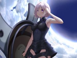 Rule 34 | 1girl, armor, armored leotard, armpits, bare shoulders, black armor, black leotard, blue sky, blush, breastplate, cloud, commentary, diootaro, fallstreak hole, fate/grand order, fate (series), hand in own hair, highres, holding, holding shield, holding weapon, leotard, light purple hair, looking at viewer, mash kyrielight, purple eyes, shield, short hair, sky, sleeveless, solo, twitter username, weapon