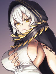 Rule 34 | 1girl, breasts, bright pupils, code vein, covered erect nipples, gradient background, hair between eyes, hood, hood up, io (code vein), large breasts, moppo, no bra, open mouth, short hair, sideboob, solo, torn clothes, upper body, white hair, yellow eyes
