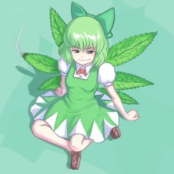 Rule 34 | 1girl, alternate color, alternate costume, alternate element, alternate wings, bloodshot eyes, bow, bowtie, breasts, burning, cirno, dress, drugged, green bow, green eyes, green hair, hair bow, hapa cirno, highres, leaf wings, loafers, marijuana, matching hair/eyes, md5 mismatch, profitshame, shoes, short hair, sitting, small breasts, smirk, smoke, solo, stoned, touhou, wings