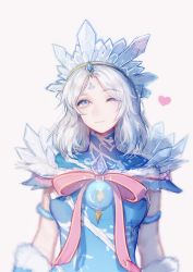 Rule 34 | 1girl, absurdres, beige background, blue eyes, closed mouth, crown, crystal maiden, dota (series), dota 2, eren (artist), forehead, grey background, heart, highres, ice, long hair, looking at viewer, one eye closed, ribbon, short sleeves, simple background, solo, white hair