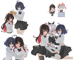 3girls absurdres ahoge alternate_costume apron black_dress black_hair black_skirt black_thighhighs blue_bow blue_bowtie blue_hair bow bowtie box bronya_zaychik brown_bow brown_bowtie chinese_commentary collared_shirt colored_inner_hair commentary crossed_bangs dress drill_hair food food_in_mouth fork frilled_apron frills gift gift_box girl_sandwich grey_eyes grey_hair hair_between_eyes happy_birthday highres holding holding_fork honkai_(series) honkai_impact_3rd hug hug_from_side icing in_box in_container long_hair long_sleeves maid_headdress multicolored_hair multiple_girls one_eye_closed paper_crown pocky pocky_in_mouth ponytail red_hair sandwiched seele_(alter_ego) seele_vollerei seele_vollerei_(starchasm_nyx) shirt simple_background single_drill skirt smile thighhighs tongue tongue_out white_background white_shirt yuan_zhen yuri