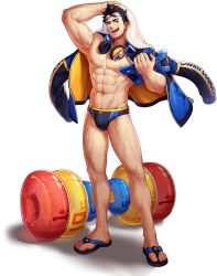 Rule 34 | 1boy, abs, artist request, bara, bare pectorals, biceps, blue jacket, blue male swimwear, brown hair, bulge, dumbbell, full body, goggles, goggles on head, gyee, headphones, headphones around neck, highres, innertube, jacket, jacket on shoulders, large pectorals, lee (gyee), male focus, male swimwear, muscular, muscular male, navel, nipples, official alternate costume, official art, orange eyes, pectorals, short hair, solo, stomach, swim briefs, swim ring, thighs, towel, towel on head, transparent background, wet