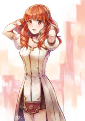 Rule 34 | 1girl, arms up, celica (fire emblem), detached collar, dress, fire emblem, fire emblem echoes: shadows of valentia, hairband, hands in hair, highres, long hair, nintendo, open mouth, red eyes, red hair, solo, standing, tarayuki, white dress