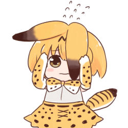 Rule 34 | 10s, 1girl, animal ears, batta (ijigen debris), blush stickers, bow, bowtie, brown eyes, closed mouth, commentary, covering face, flying sweatdrops, kemono friends, looking at viewer, peeking out, serval (kemono friends), serval print, serval tail, simple background, skirt, solo, tail, white background