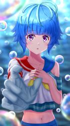 Rule 34 | 1girl, absurdres, blue hair, blue sailor collar, blunt bangs, blush, bubble, bubble (2022), character request, clothing cutout, copyright request, gloves, hand on own chest, highres, looking at viewer, midriff, navel, neckerchief, nonoa-cg, open mouth, purple eyes, reaching, reaching towards viewer, red sailor collar, sailor collar, shirt, short hair, shoulder cutout, single glove, solo, stomach, striped clothes, striped shirt, uta (bubble), white gloves, white shirt, yellow neckerchief