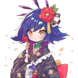 Rule 34 | 1girl, :3, alternate costume, black kimono, blush, collarbone, colored skin, dokumi, flipped hair, floral print, flower, frilled kimono, frills, green skin, hair flower, hair ornament, highres, japanese clothes, kimono, league of legends, long sleeves, looking at viewer, neeko (league of legends), orange eyes, petals, pink hair, print kimono, purple hair, red flower, smile, solo, white background