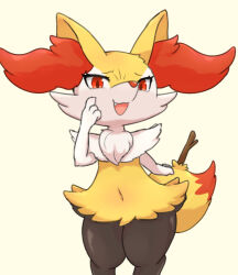 Rule 34 | 1girl, :3, animal ear fluff, animal ears, animal hands, animal nose, black fur, body fur, braixen, creatures (company), fang, female focus, flat chest, fox ears, fox girl, fox tail, furry, furry female, game freak, gen 6 pokemon, hand on own cheek, hand on own face, hand up, happy, looking at viewer, multicolored fur, navel, neck fur, nintendo, open mouth, pokemon, pokemon (creature), raised eyebrows, red eyes, simple background, smile, smug, snout, solo, standing, stick, stomach, tail, teine, thick thighs, thighs, white fur, wide hips, yellow background, yellow fur
