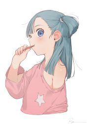 Rule 34 | 1girl, :t, aged down, arm at side, asymmetrical bangs, bad id, bad twitter id, bare shoulders, blue eyes, blue hair, blush, bulma, clothes down, cropped torso, dragon ball, dragon ball (classic), expressionless, fingernails, flat chest, highres, holding, holding toothbrush, long sleeves, looking at viewer, pajamas, pink pajamas, ryota (ry o ta), shiny skin, short hair, short ponytail, side ponytail, signature, simple background, solo, star (symbol), straight hair, toothbrush, toothbrush in mouth, upper body, white background