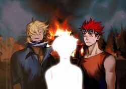 Rule 34 | 3boys, blonde hair, burning, denisefanta, eustass kid, facial hair, floating hair, forest, glowing, goatee, goggles, goggles on head, hair over one eye, highres, killer (one piece), long hair, looking at viewer, male focus, multiple boys, nature, one piece, red hair, silhouette, sleeveless, spiked hair, toned, toned male, upper body